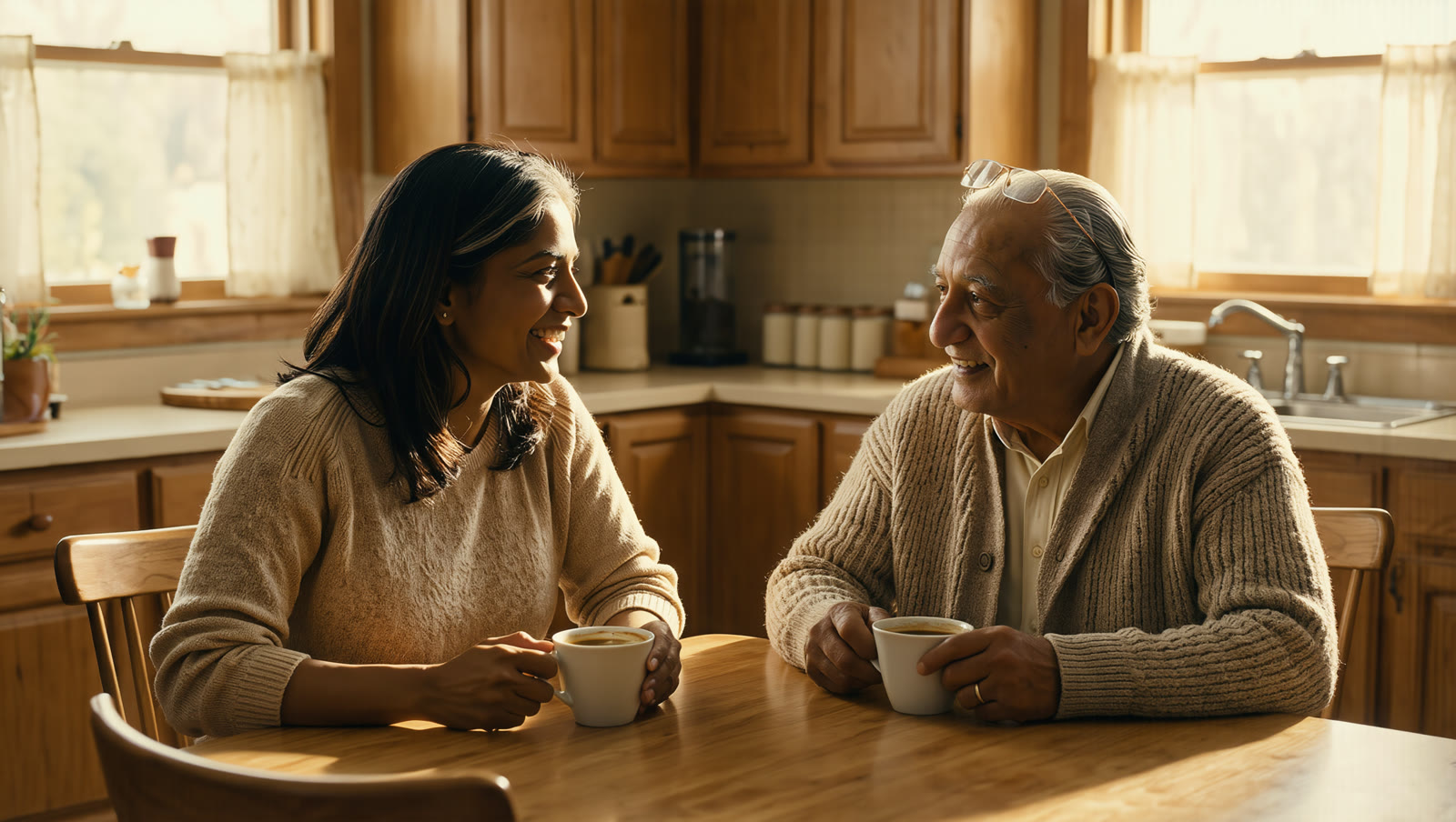 An adult daughter and her father share coffee and a quiet laugh at his kitchen table in warm daylight.