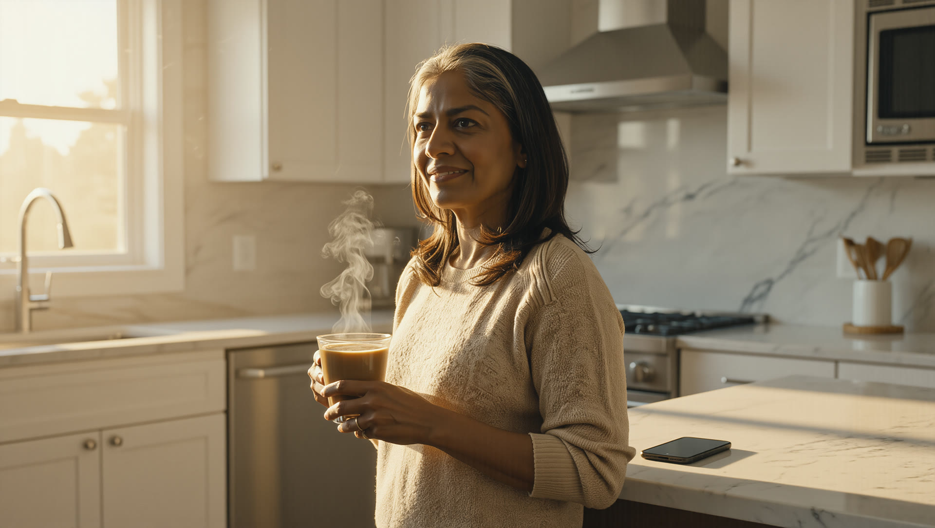 A woman enjoys a quiet morning coffee alone in her sunlit kitchen, her phone face down on the counter.