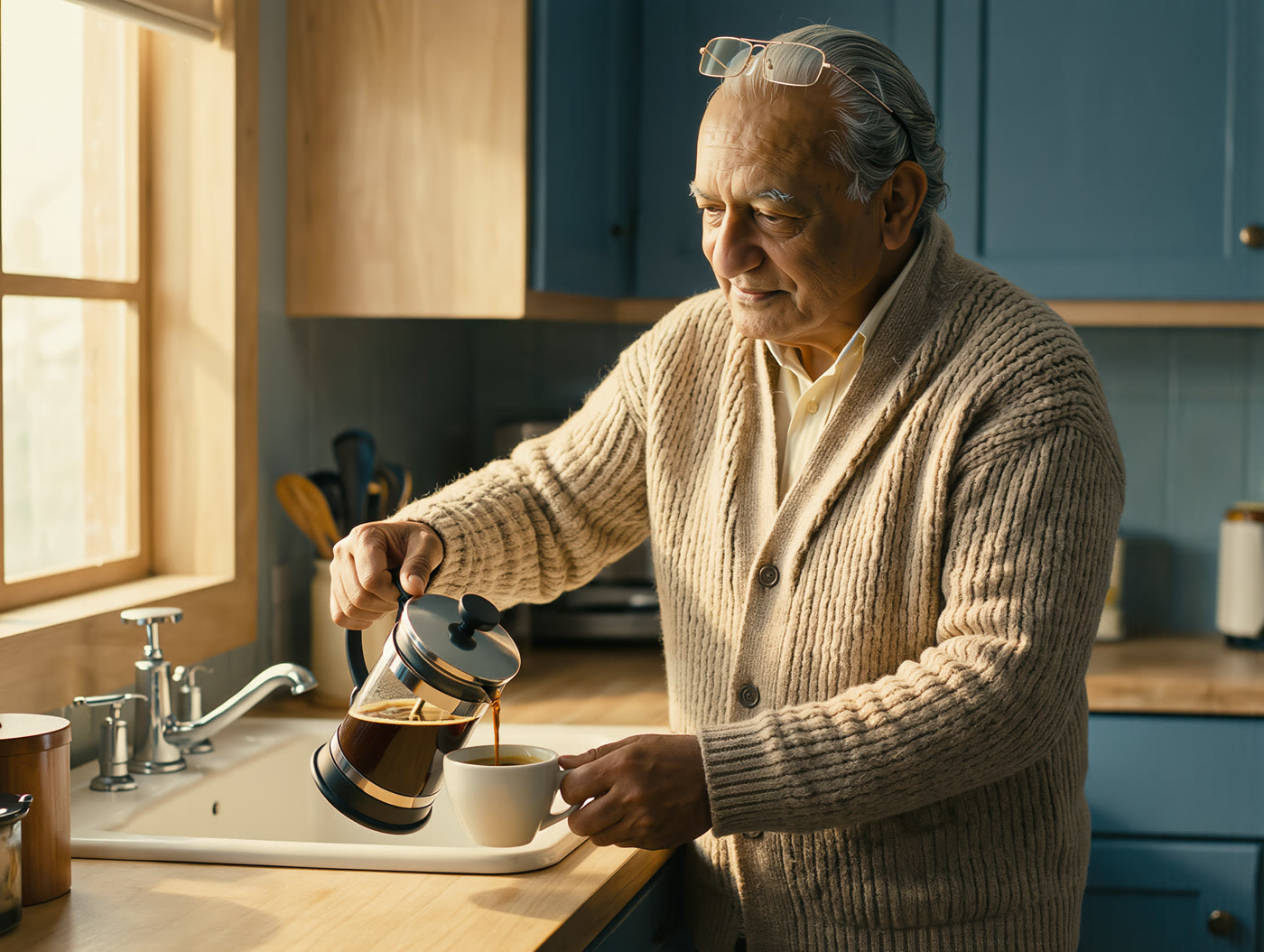 A man in his seventies pours coffee in his sunlit kitchen, relaxed and at home.