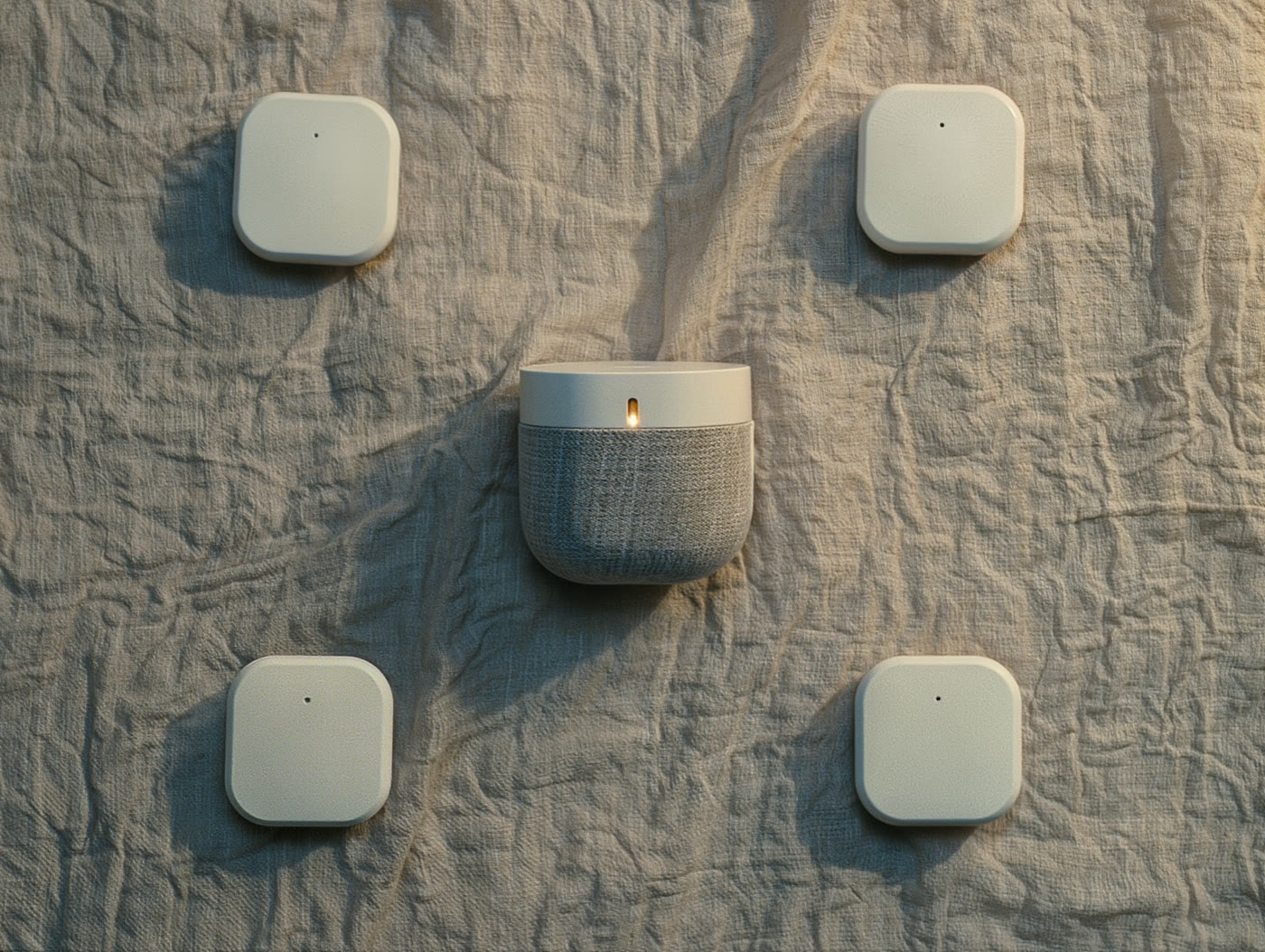 One fabric-wrapped hub and four small warm-white sensors laid out on linen fabric.